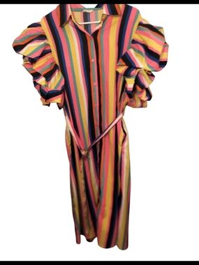 Multicolor Stripe Midi Shirt Dress with Puff Sleeves